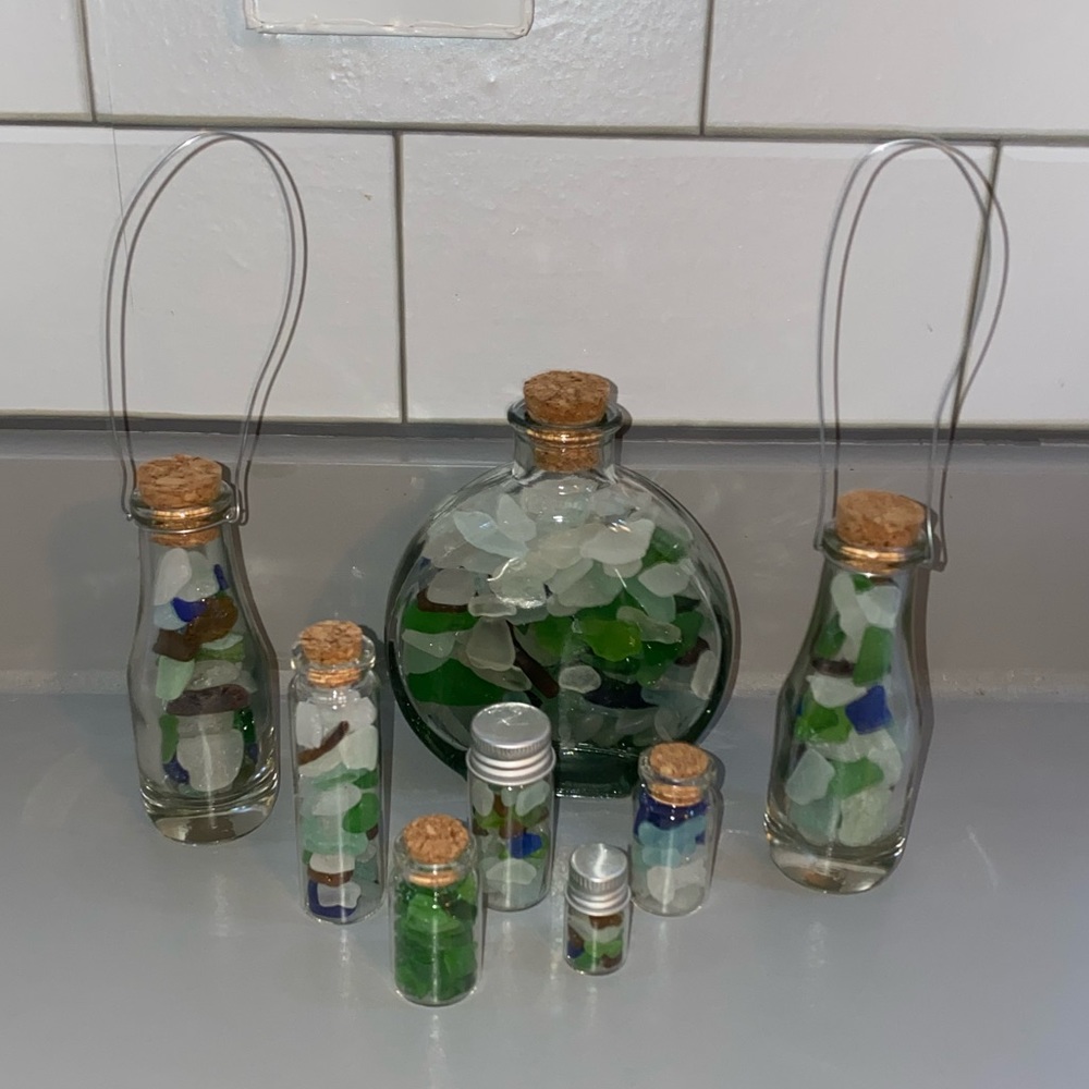 7 Small Glass Jars with Beach/Sea Glass